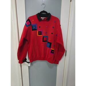 Vintage Peone Classics Geometric Embellished Red Sweater L Bold 90s Art Style